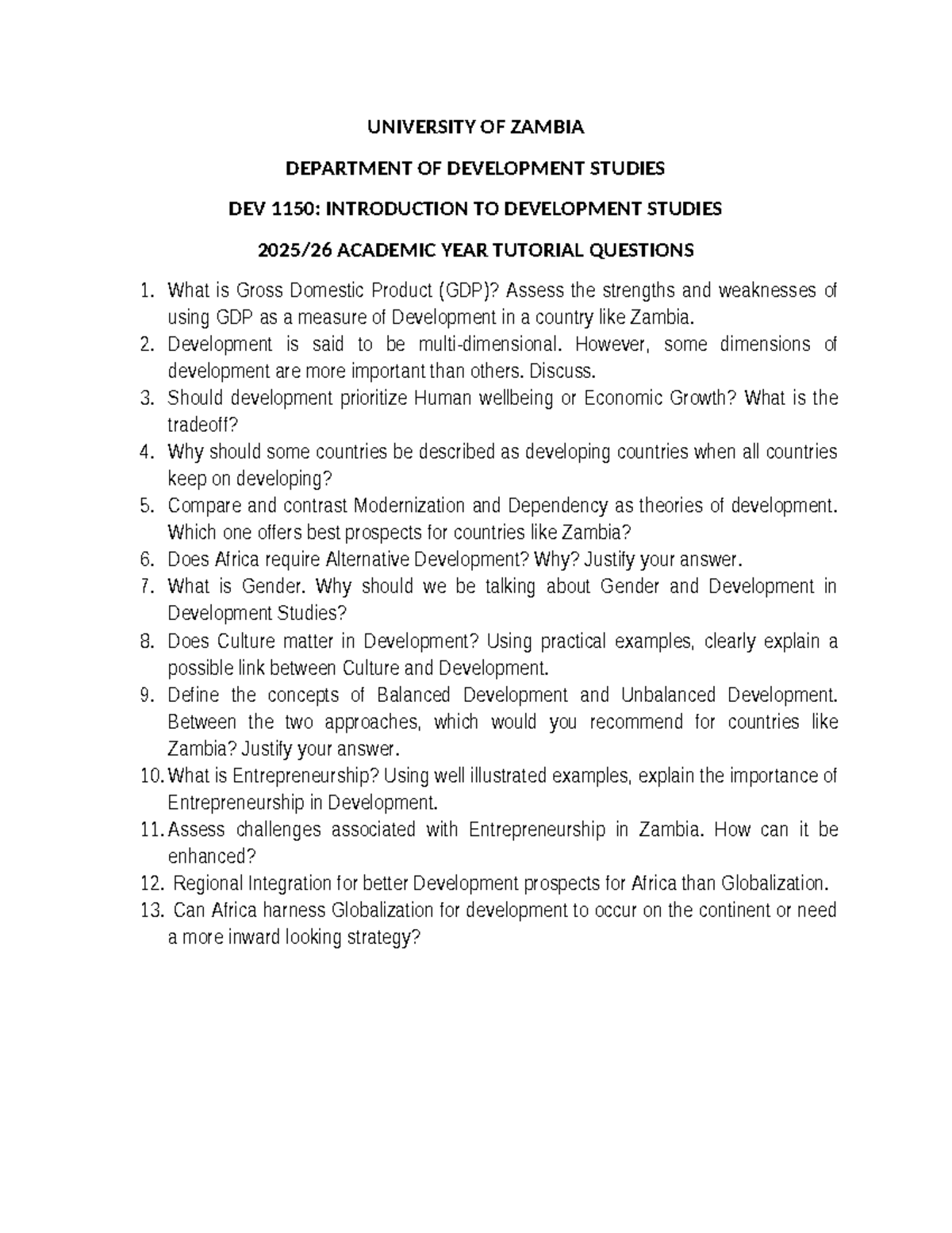 DEV 1150: Tutorial Questions on Development Studies 2025-26 - Studocu