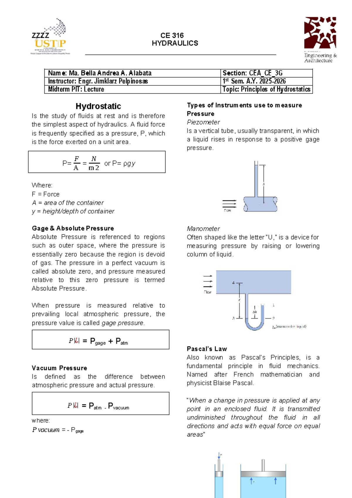 CE 316 Midterm Lecture Notes: Principles of Hydrostatics - Studocu