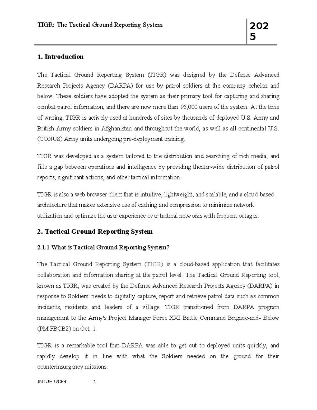 Tactical Ground Reporting System (TIGR) - 5 1. Introduction The ...