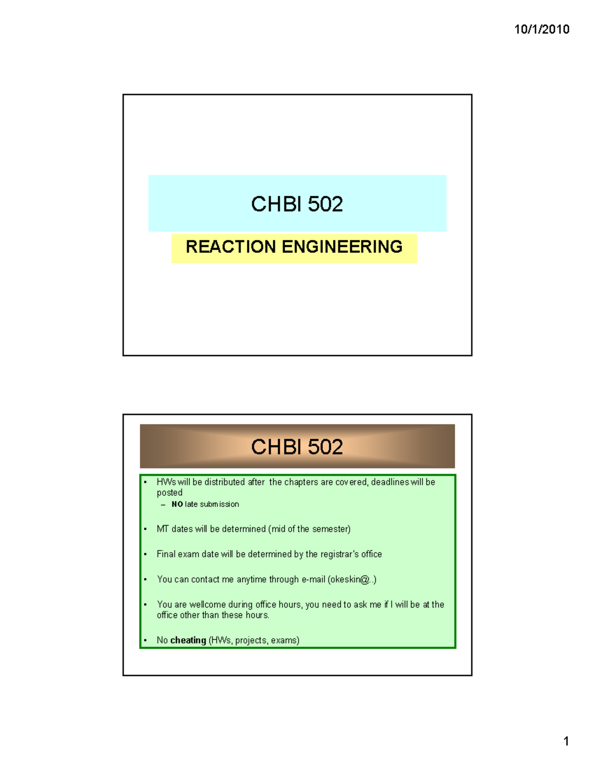 CHBI 502 - Chapter 3: Chemical Kinetics and Reactor Design Overview ...