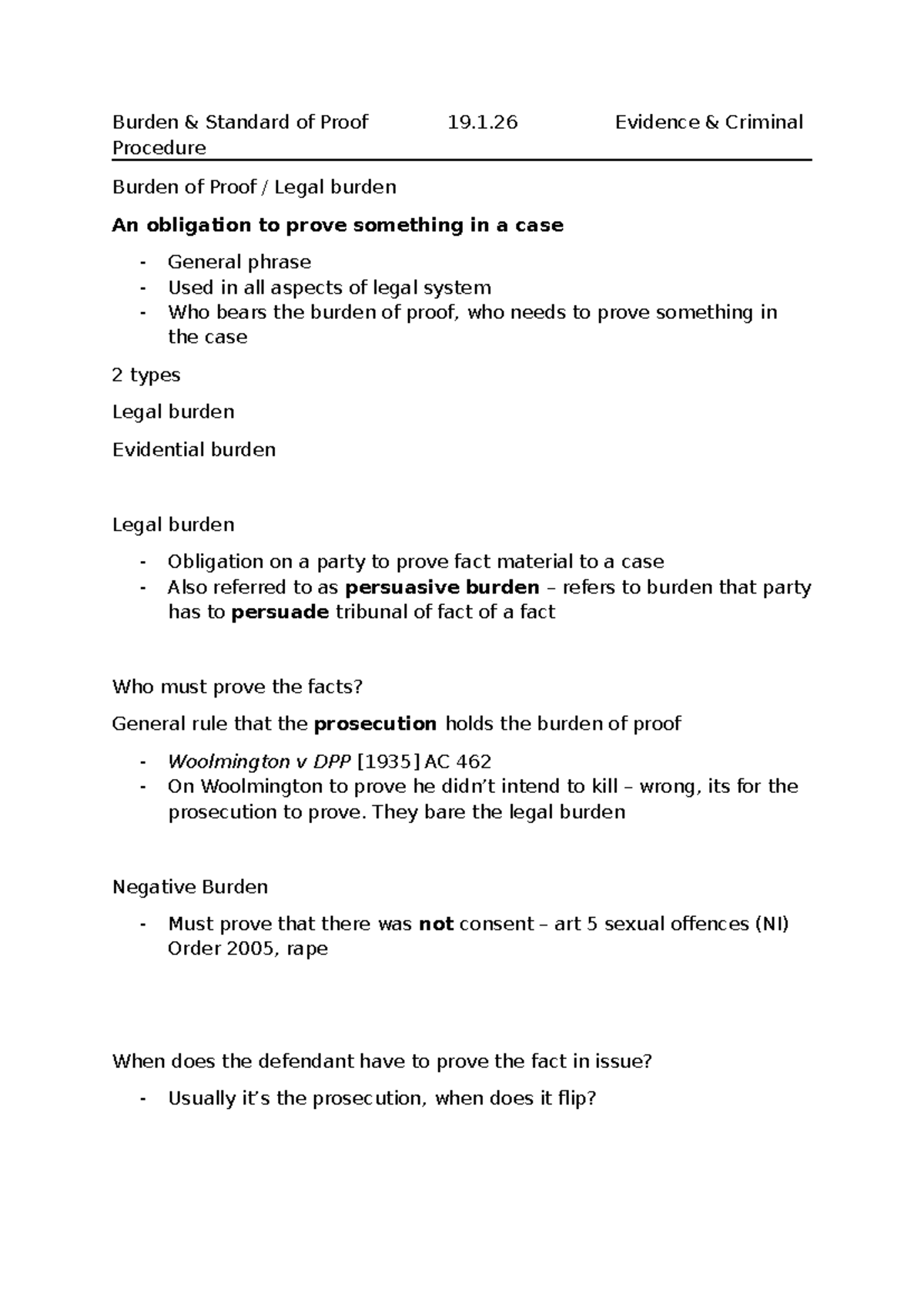 Burden & Standard of Proof in Criminal Law - Evidence 19.1.26 - Studocu