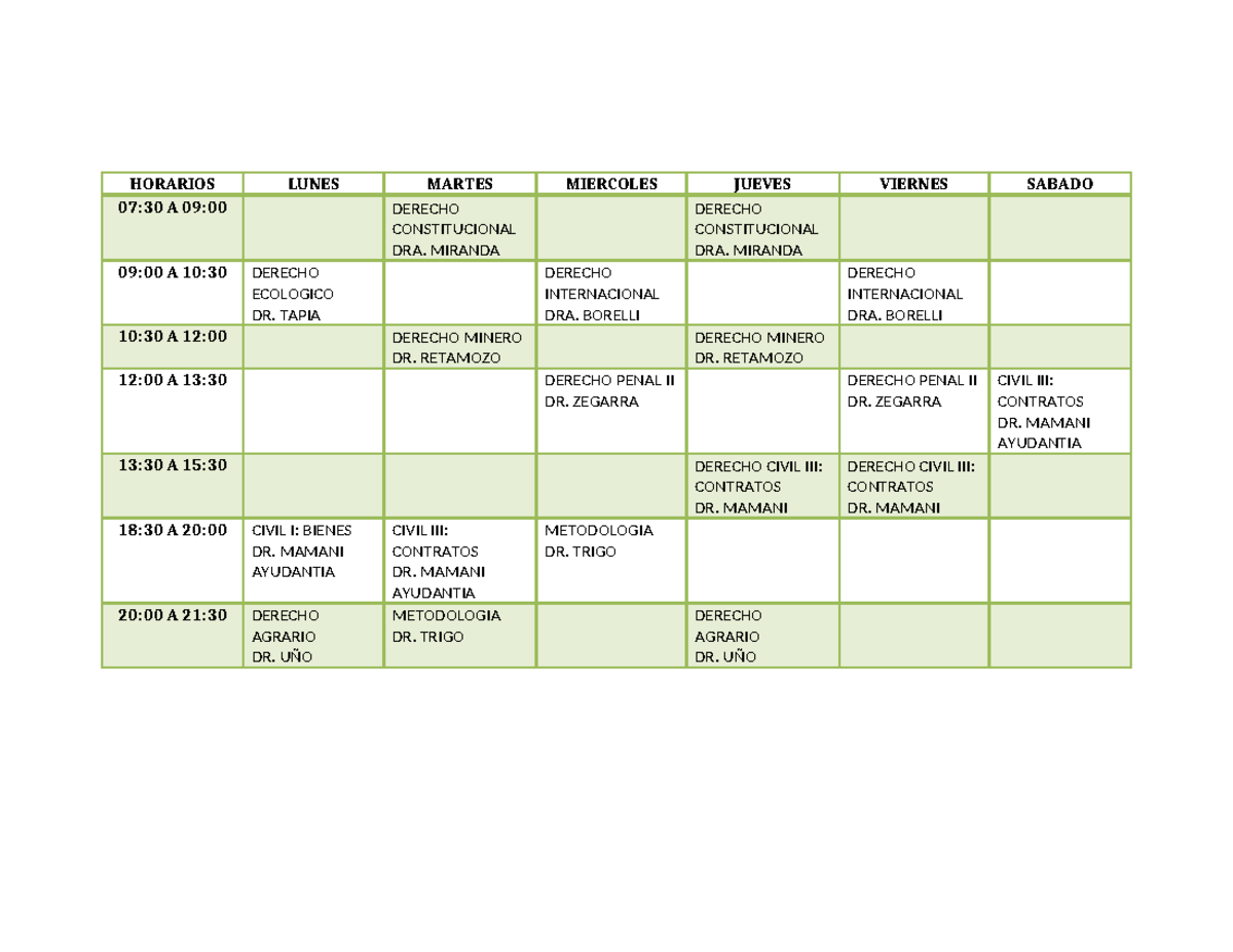 Horarios UNI 2025 - Clases de derecho y metodología - Studocu