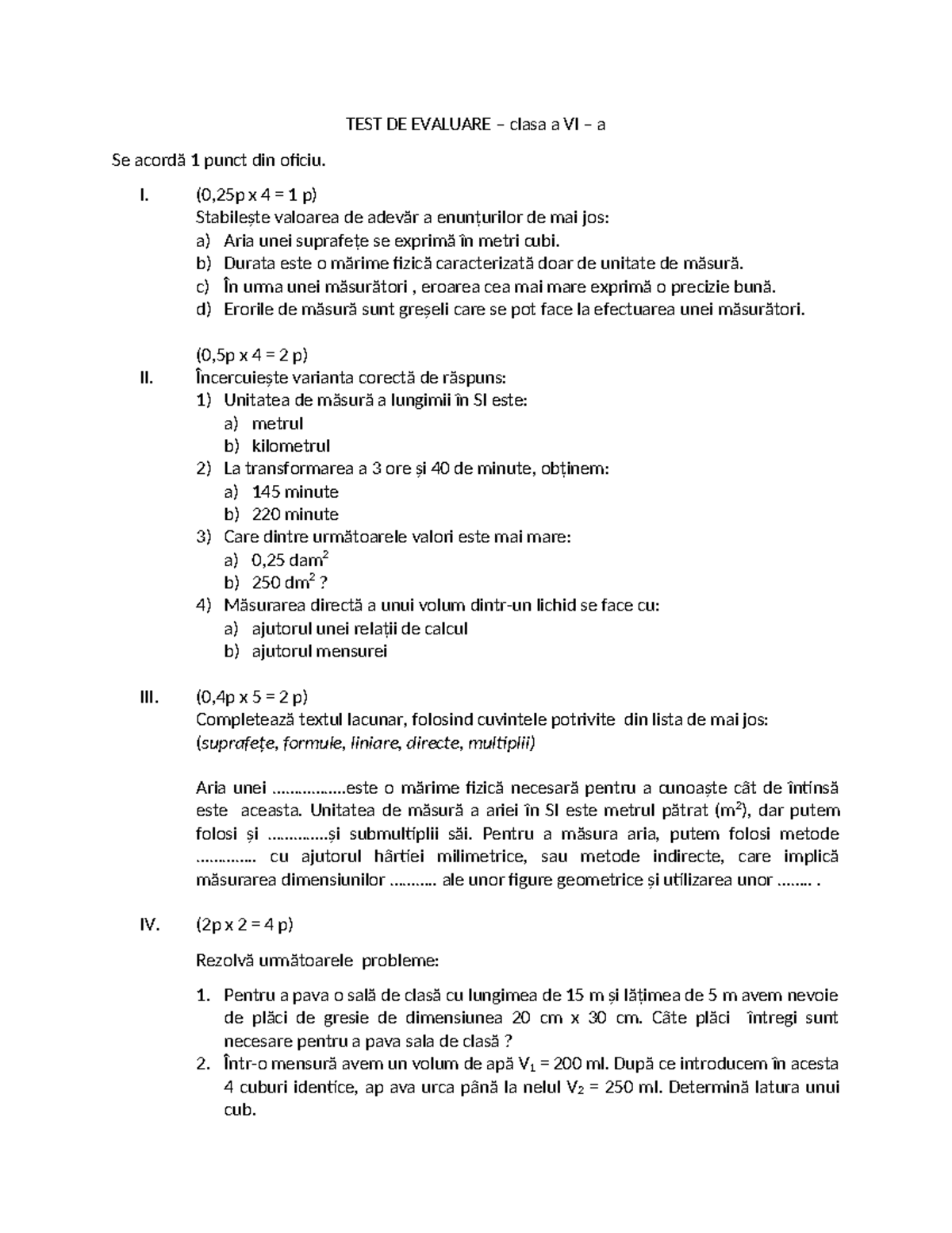 0 6 test - test matematica analiza - TEST DE EVALUARE – clasa a VI – a ...