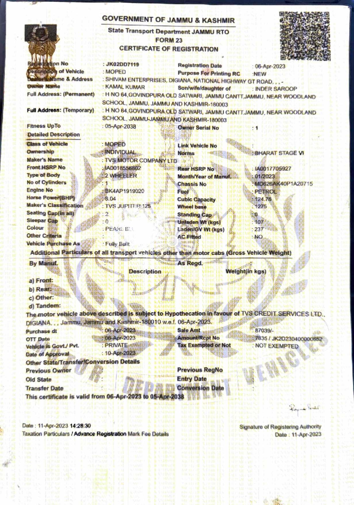 JK020D7119 - RTO Form 23 Certificate of Registration for Moped - Studocu