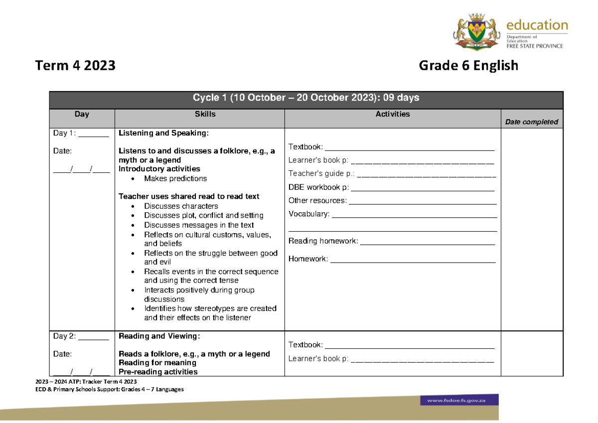 Term 4 2023 Grade 6 English Home Language & EFAL ATP Tracker - Studocu