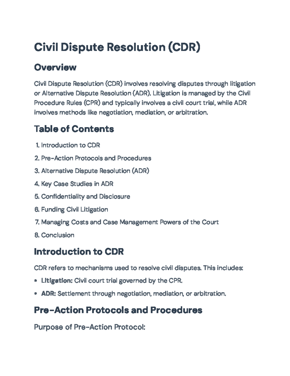 CDR: Overview of Civil Litigation & ADR Methods for Dispute Resolution ...