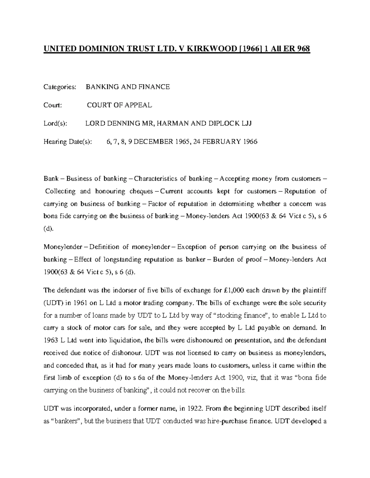 United Dominion Trust LTD V Kirkwood - UNITED DOMINION TRUST LTD. V ...