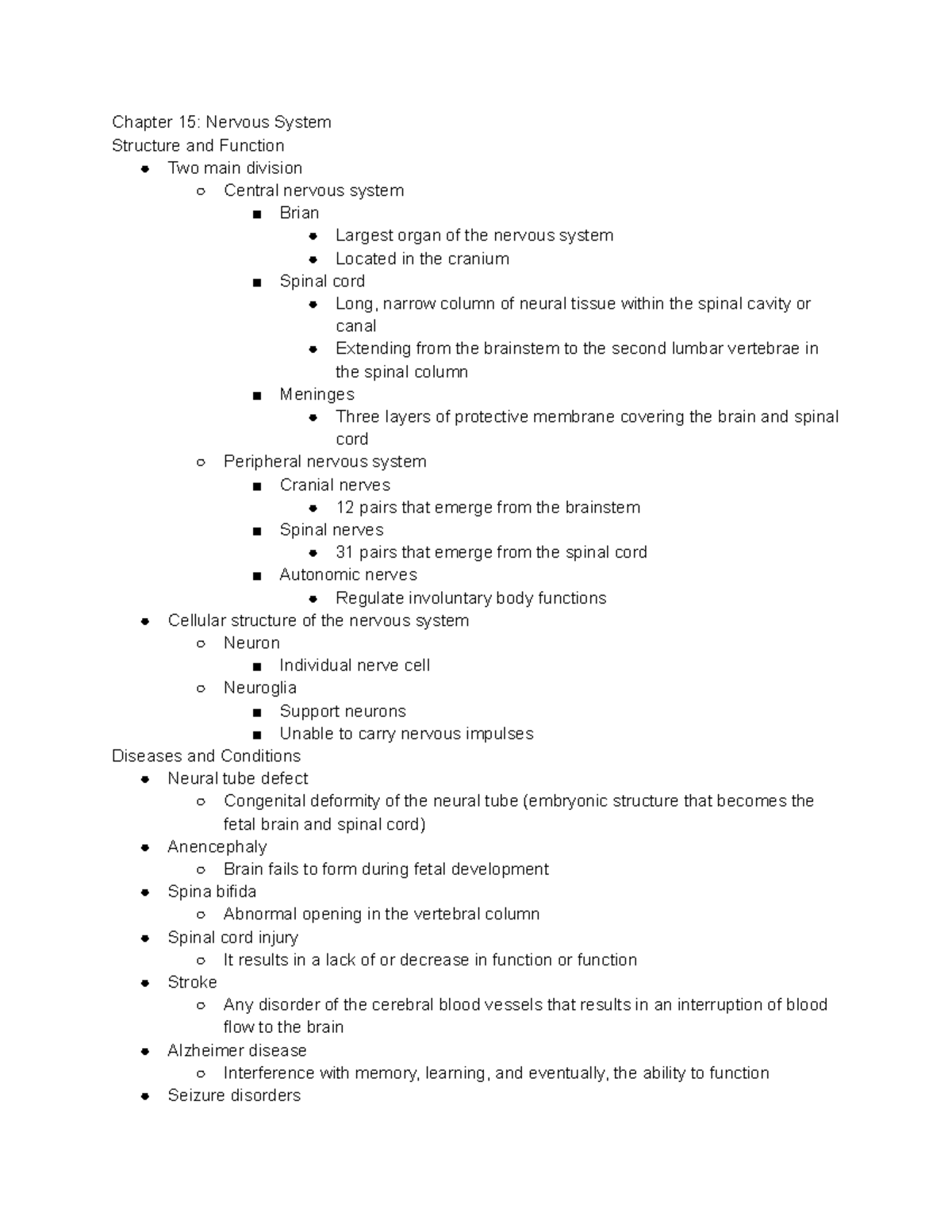 Nervous System - Chapter 15 Notes & Key Concepts (CNS & PNS) - Studocu