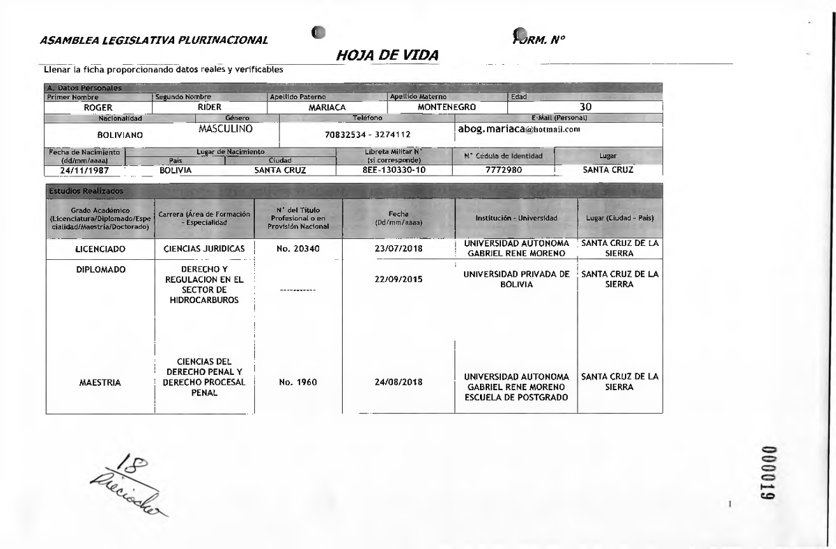 032 - CV de Roger Rider Mariaca Montenegro: Datos Personales y Formación - Document Preview