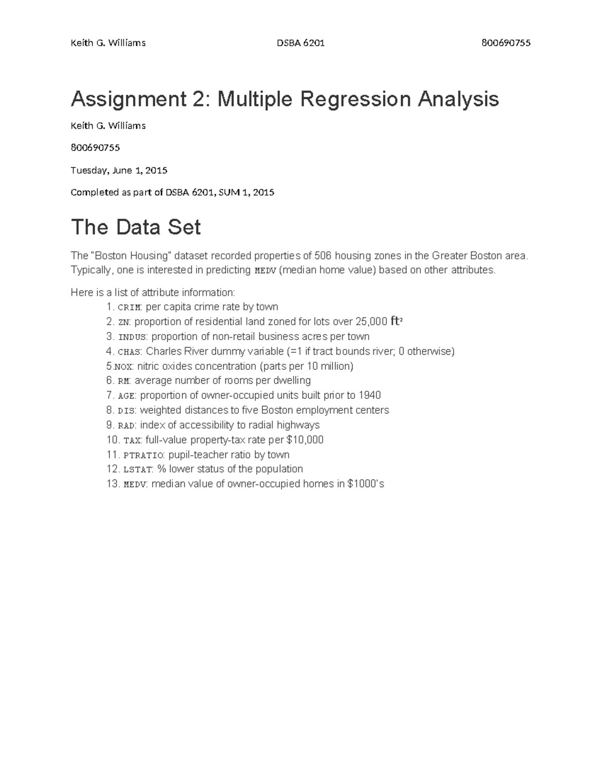 DSBA 6201 Assignment 2: Multiple Regression Analysis in Boston Housing ...