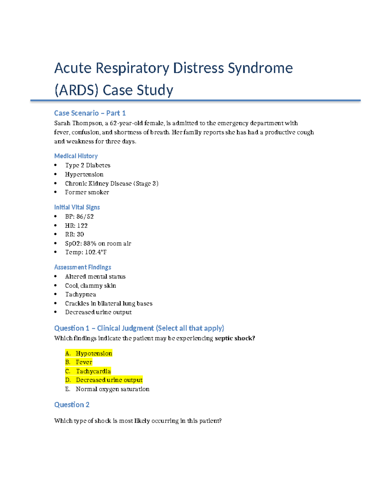 ARDS Shock Case Study (NUR 301) - Student Worksheet - Studocu
