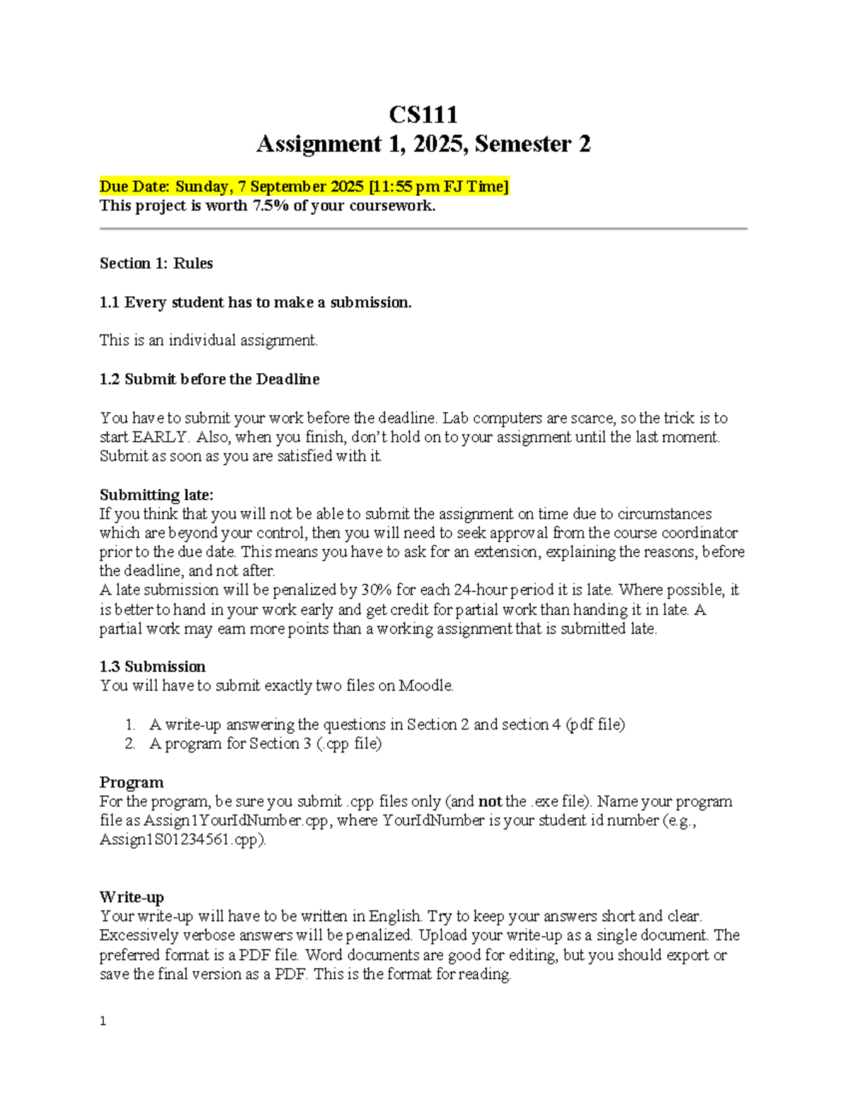 CS111 Assignment 1 Guidelines and Submission Details S2 2025 - Studocu