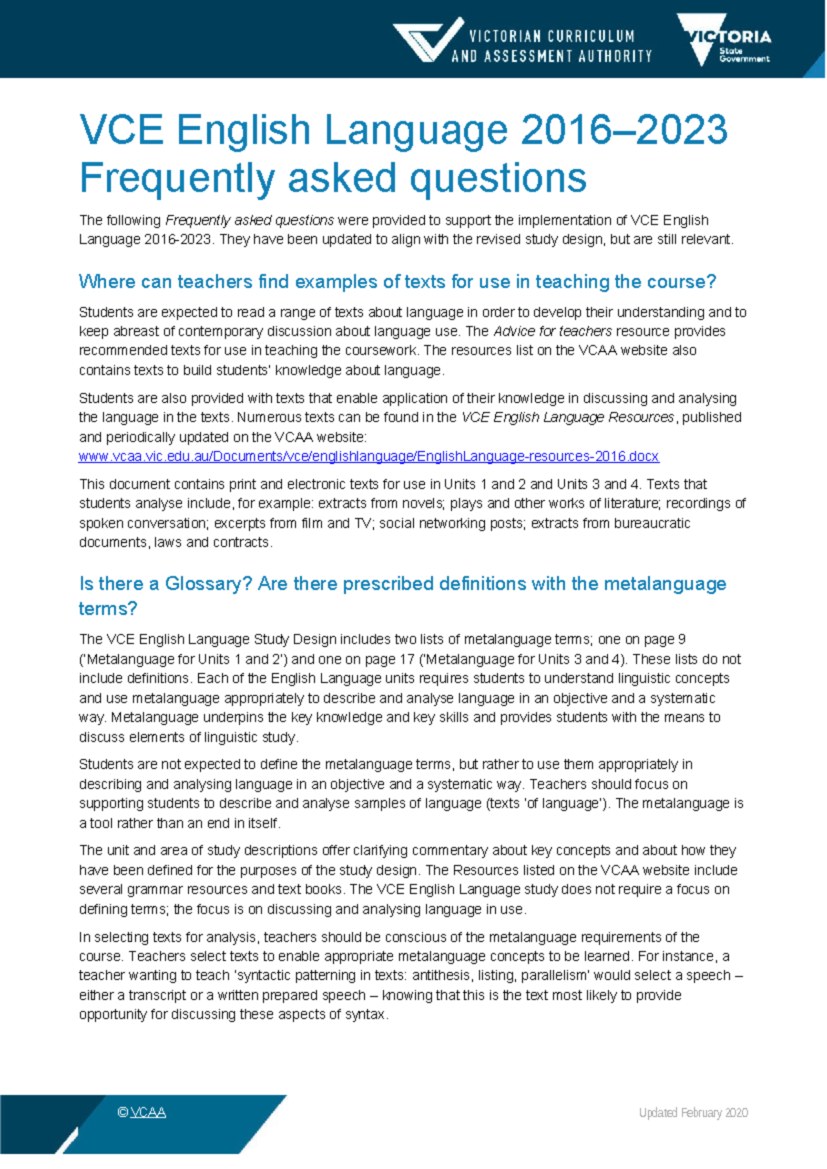 VCE English Language FAQ 2016-2023: Supporting Course Implementation ...