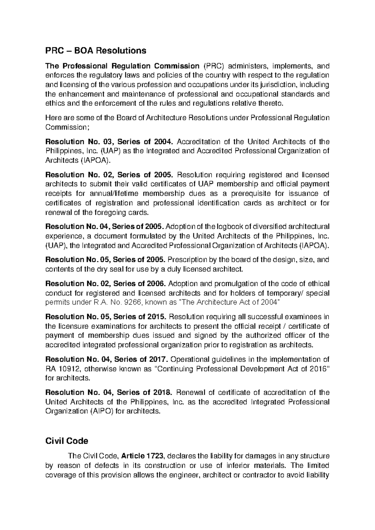 PRC - Board of Architecture Resolutions Overview and Guidelines - Studocu