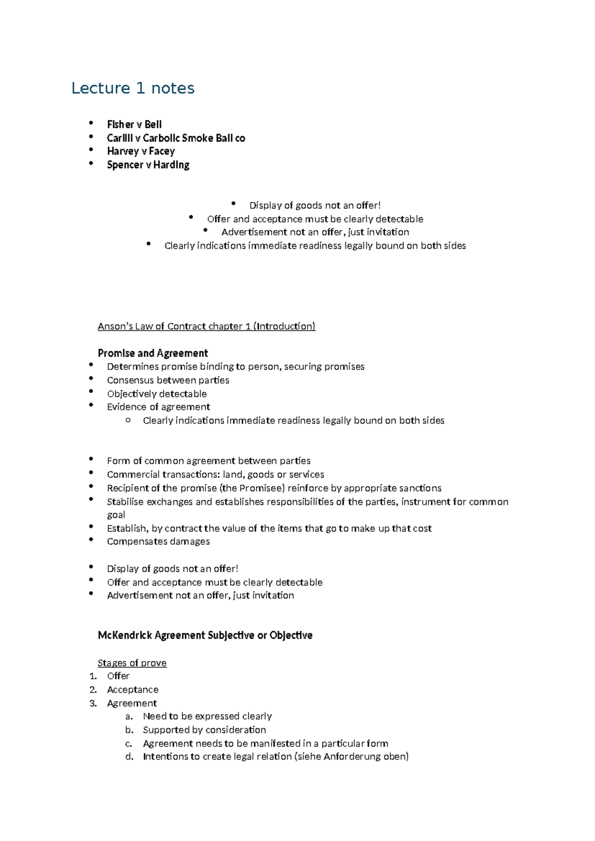 1. Lecture - ……. - Lecture 1 Notes Fisher V Bell Carlill V Carbolic 