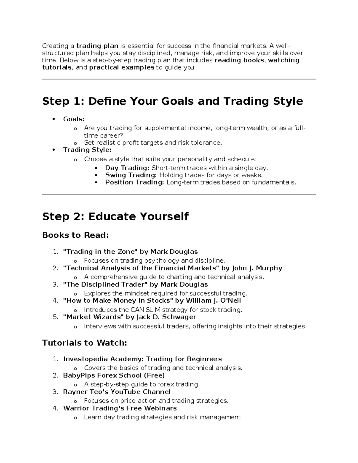 Trading Plan for Success in Financial Markets - WEWFWEFSESRE - Studocu