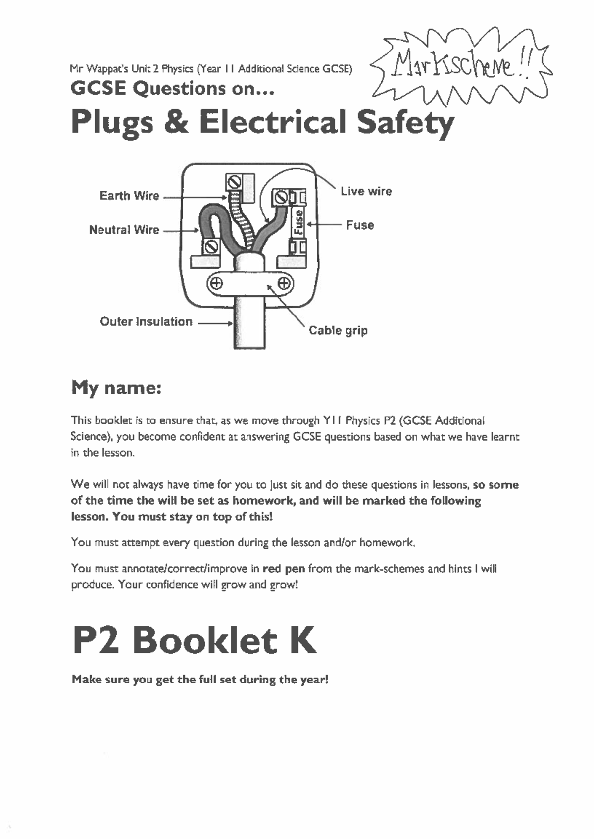 P2 GCSE Additional Science Physics Booklet K Markscheme: Electrical ...