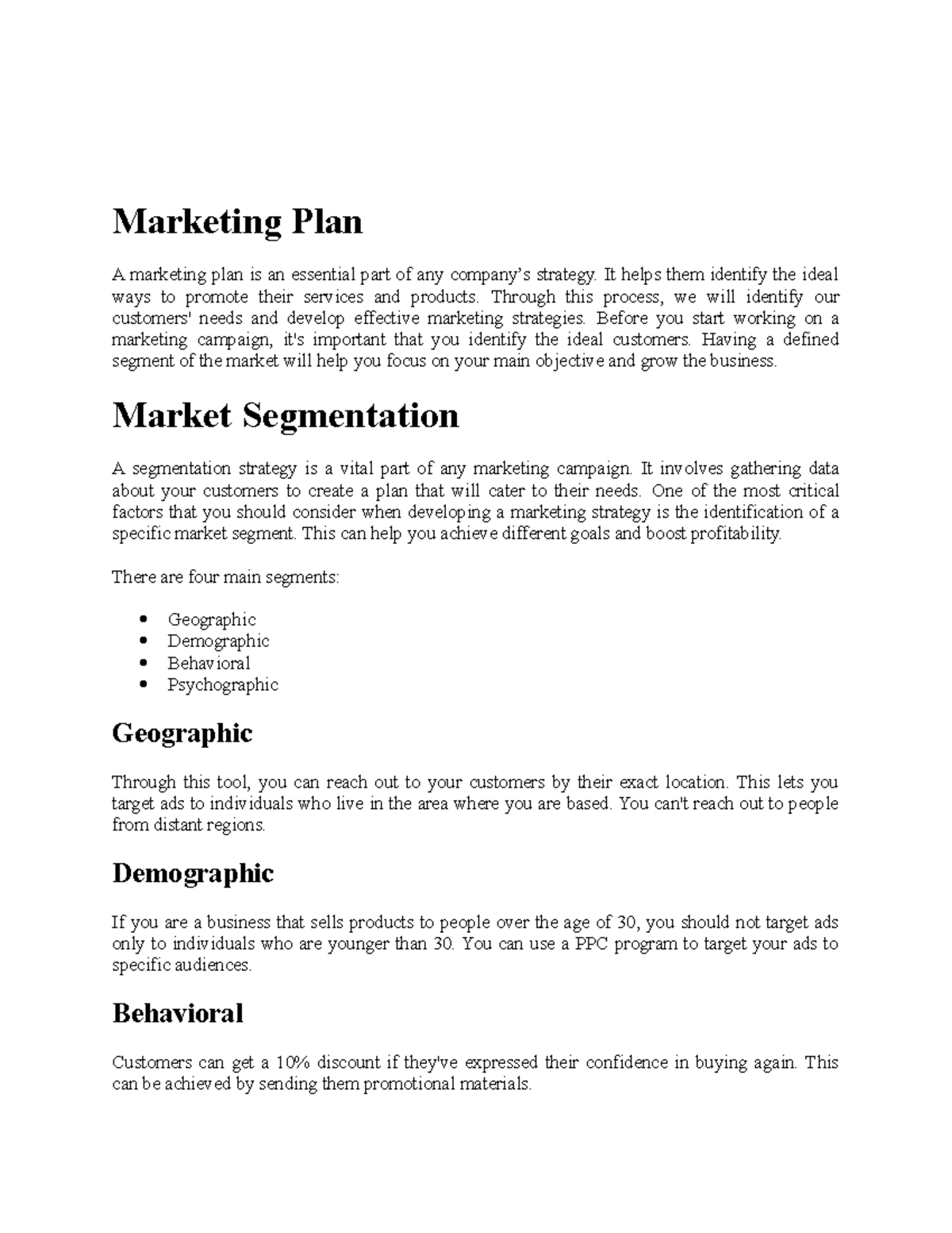 Marketing plan - assignment - Marketing Plan A marketing plan is an ...