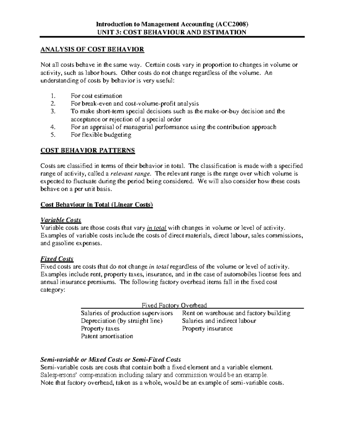 Unit 3 - Cost Behaviour & Estimation Notes (ACC2008) - Studocu