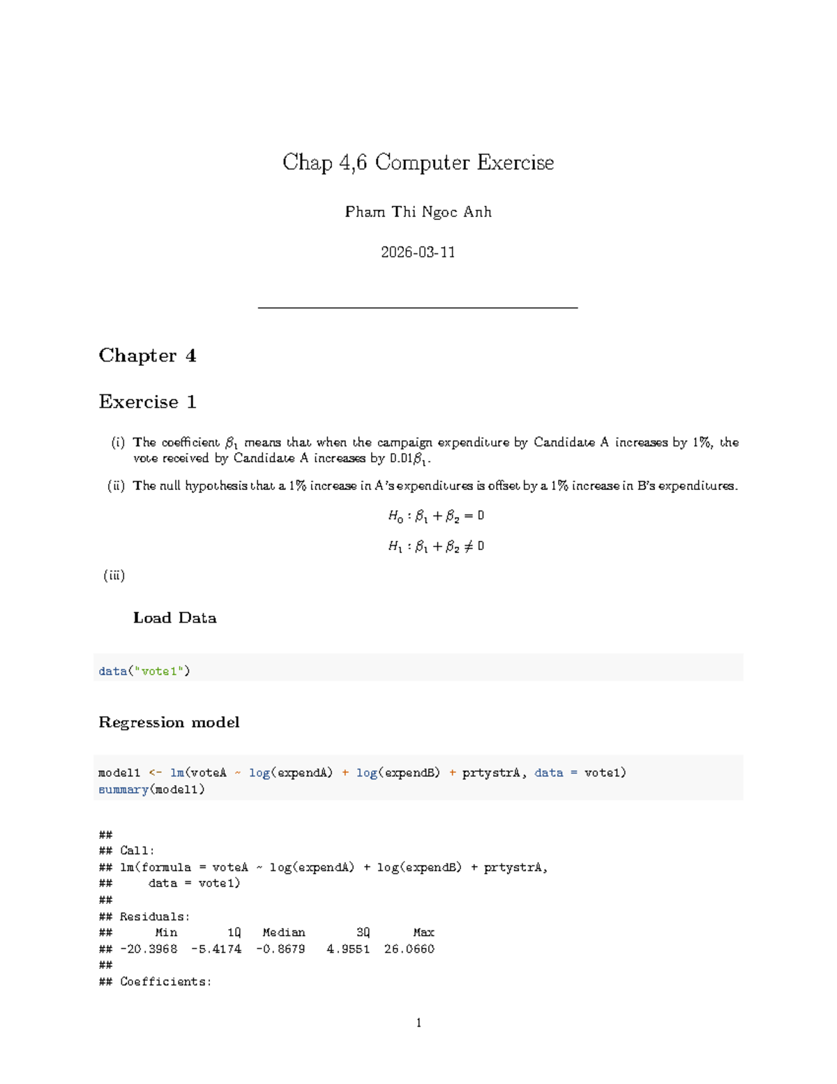 Chap 4,6 Computer Exercise: Regression Analysis Insights - Studocu