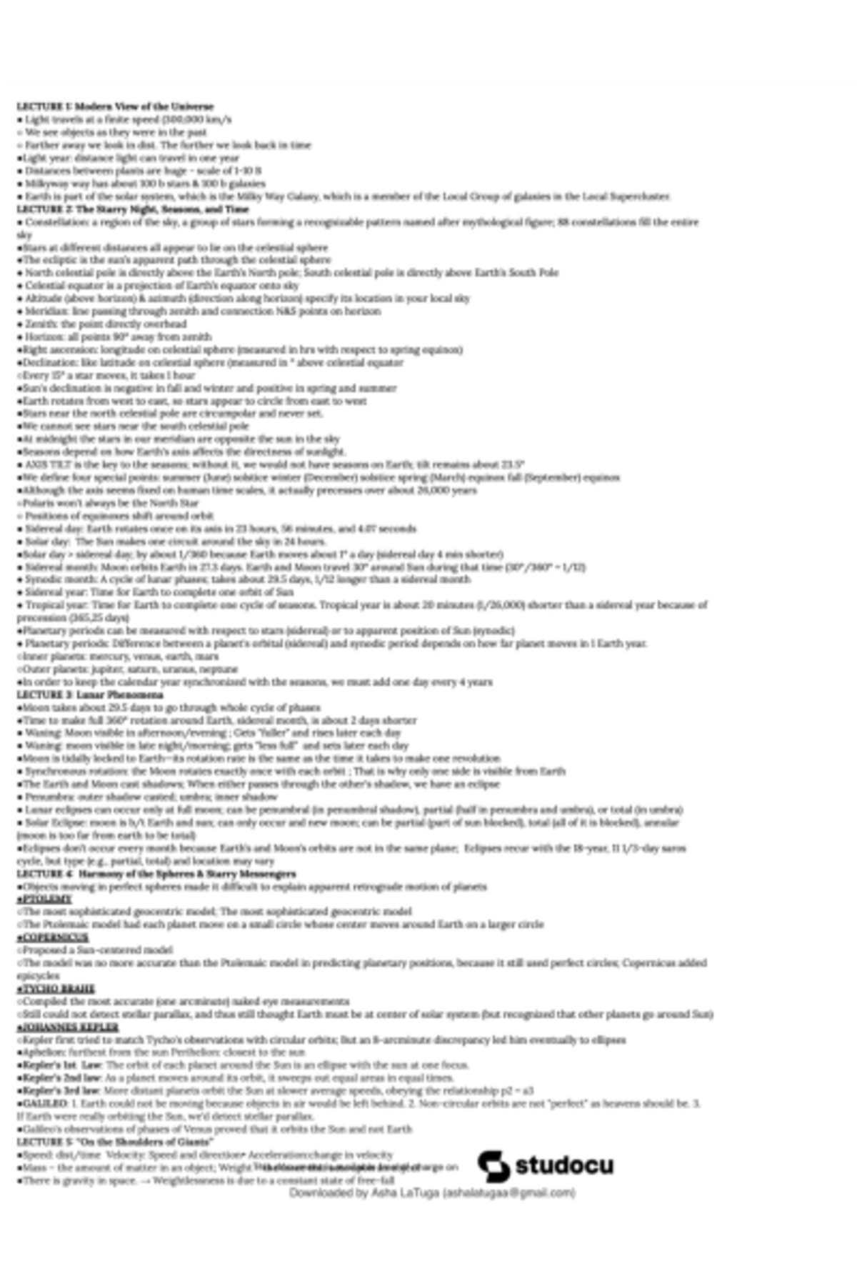 ASTR 101 Final Exam Review: Key Concepts from Lectures 1-5 - Studocu