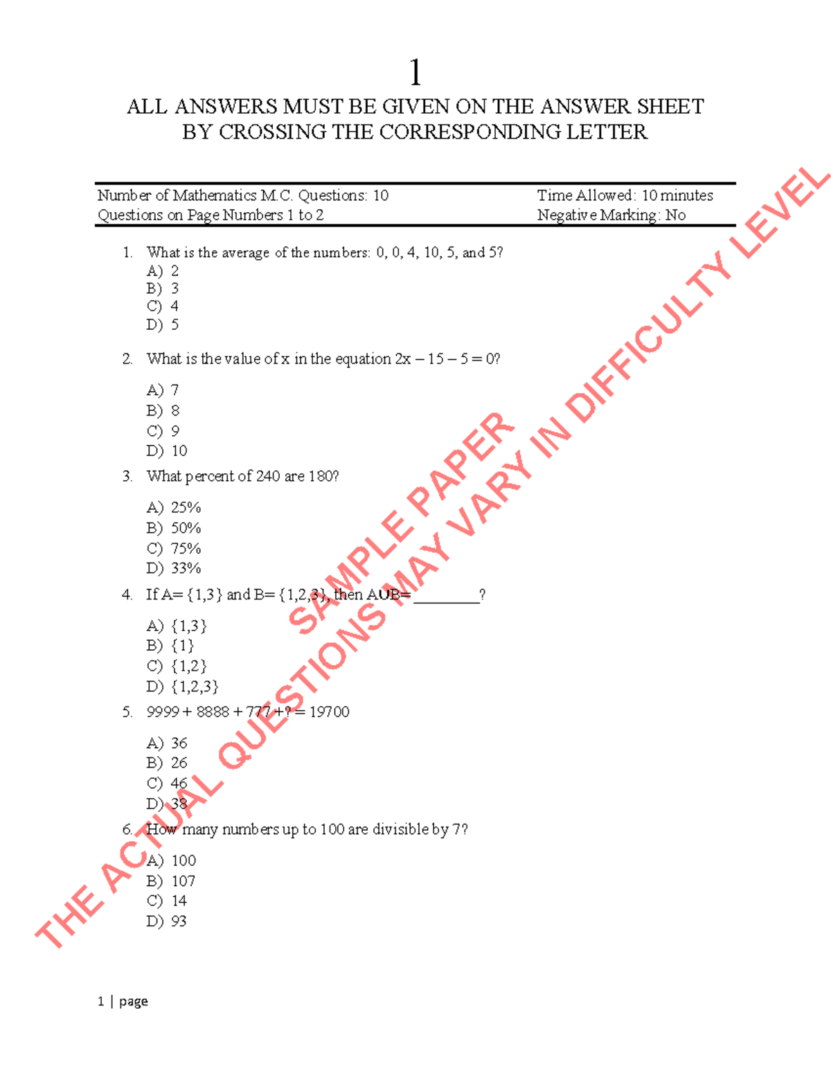 Mathematics & English M.C.Qs Sample Paper - Pgd 20 - Studocu