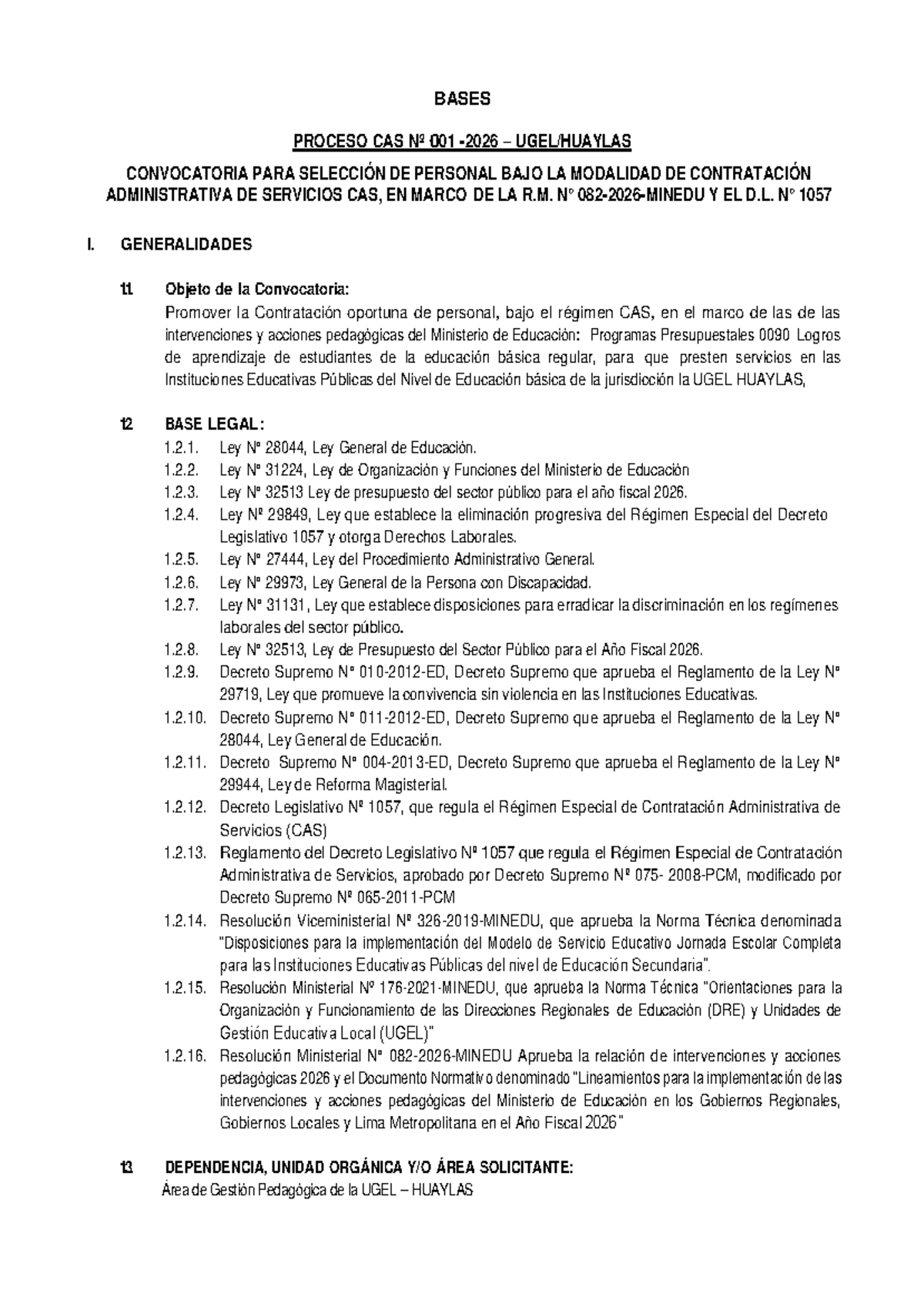 Bases para Contrato CAS 2026 - Selección de Personal UGEL Huaylas - Studocu