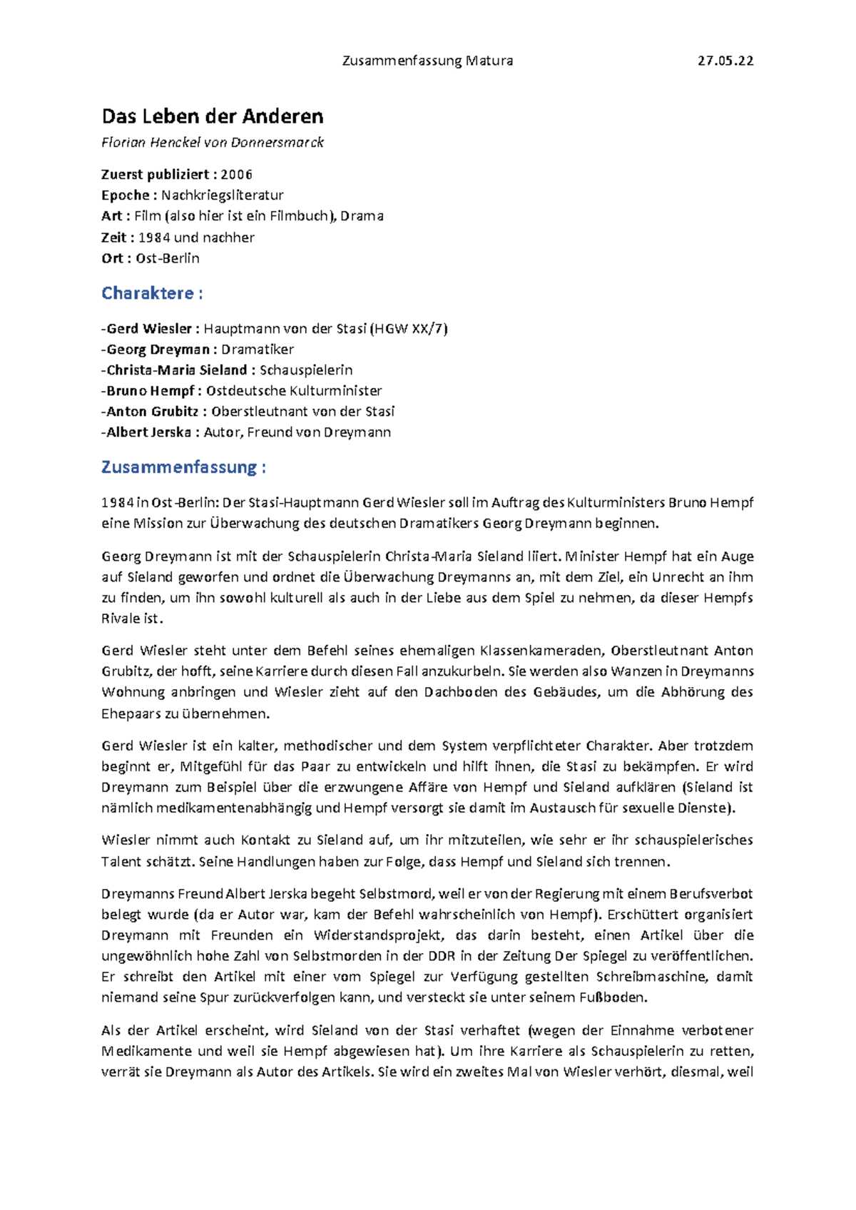 Das Leben Der Anderen Zusammenfassung Das Leben der Anderen, Zusammenfassung des Filmes mit Charaktere und
