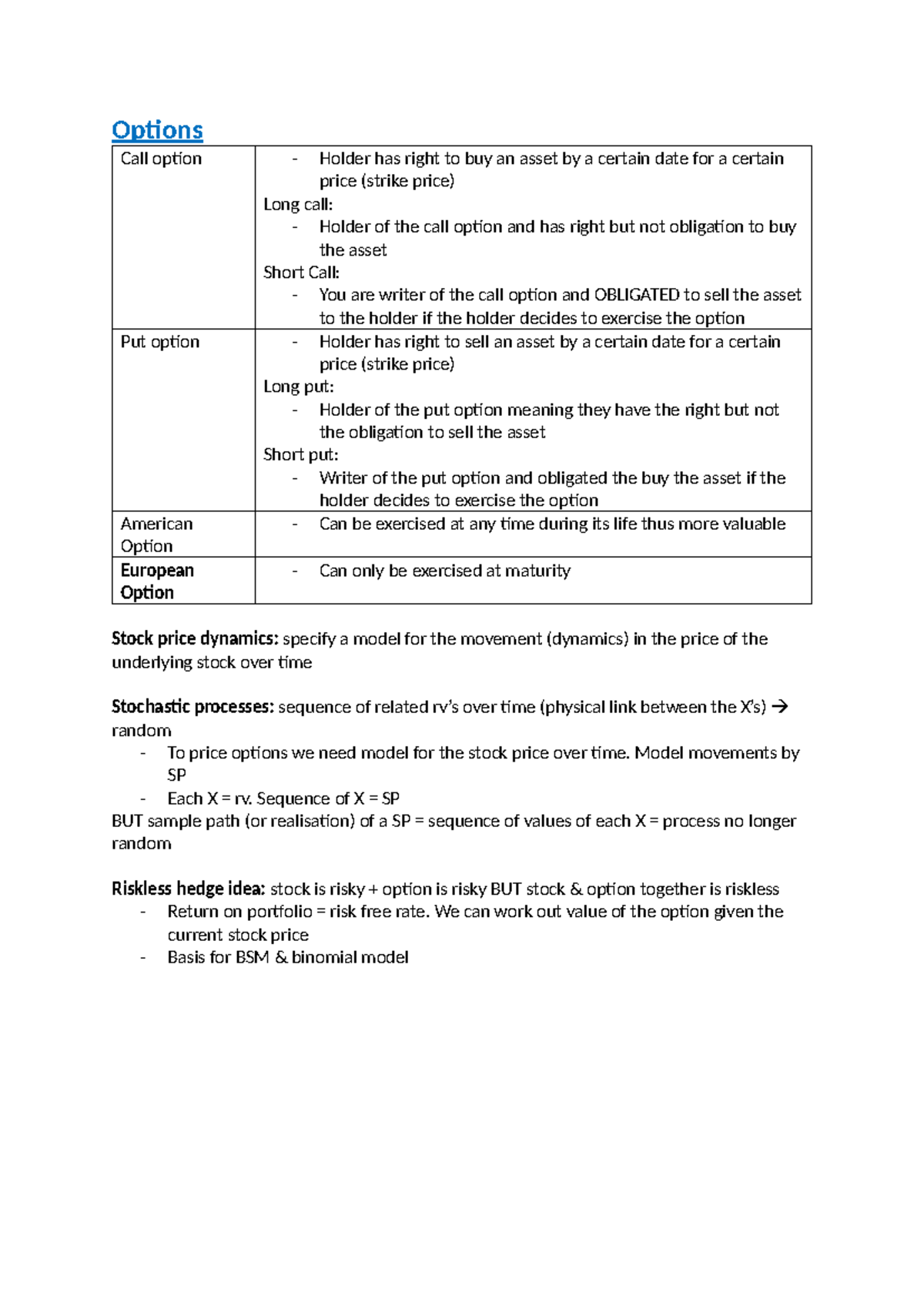 Derivatives Exam Notes (FIN 301): Key Concepts on Options and Hedging ...