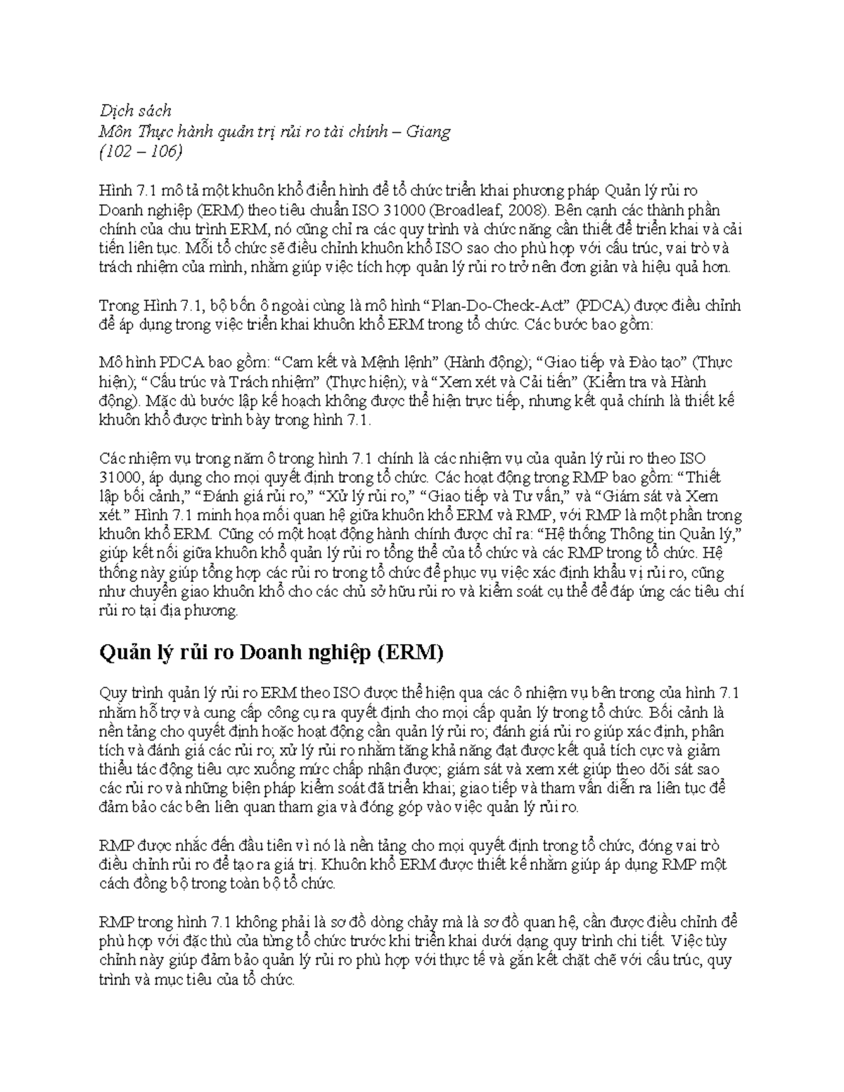 Dịch sách THQTRR - Ghi chú Quản lý Rủi ro Tài chính trang 102-106 - Studocu