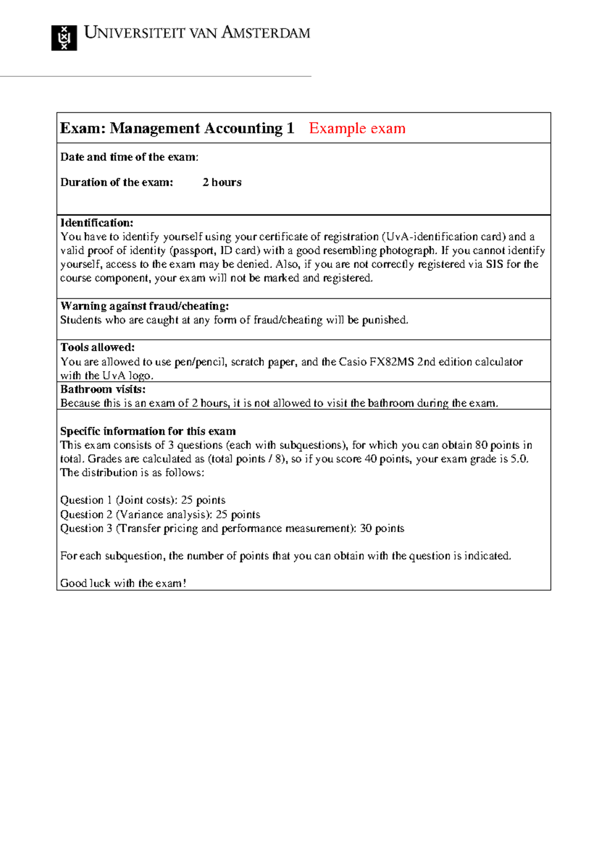 Example Final Exam: Management Accounting 1 (MA1) - Studeersnel