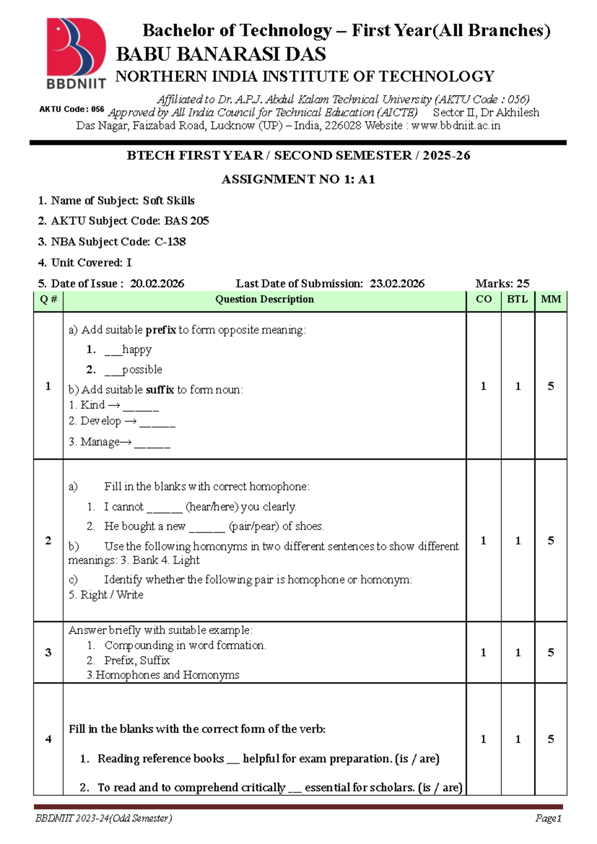 BTECH 1st Year Sem 2 Assignment 1: Soft Skills (BAS 205) - Studocu