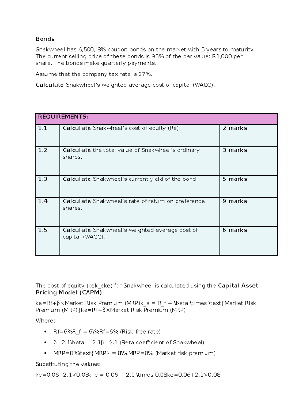Snakwheel A5 - WACC Calculation and Bond Analysis Notes - Studocu
