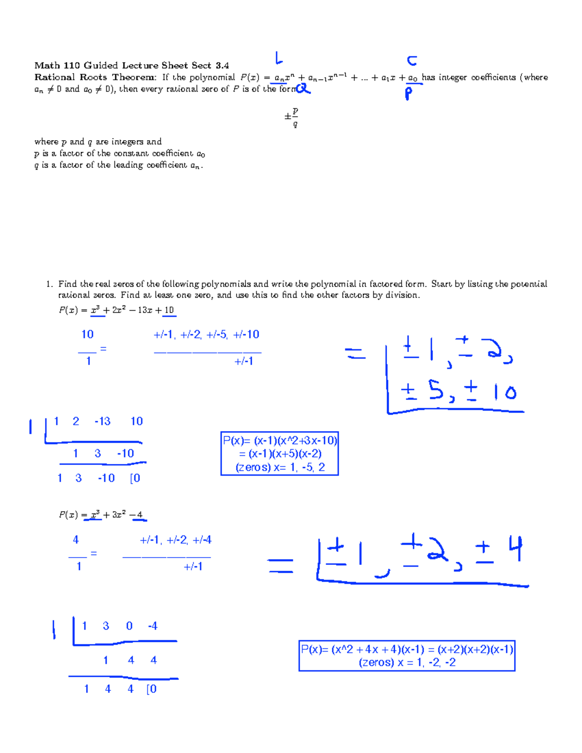 Math 110 Guided Lecture Sheet (3.4) - Rational Roots Theorem Practice ...