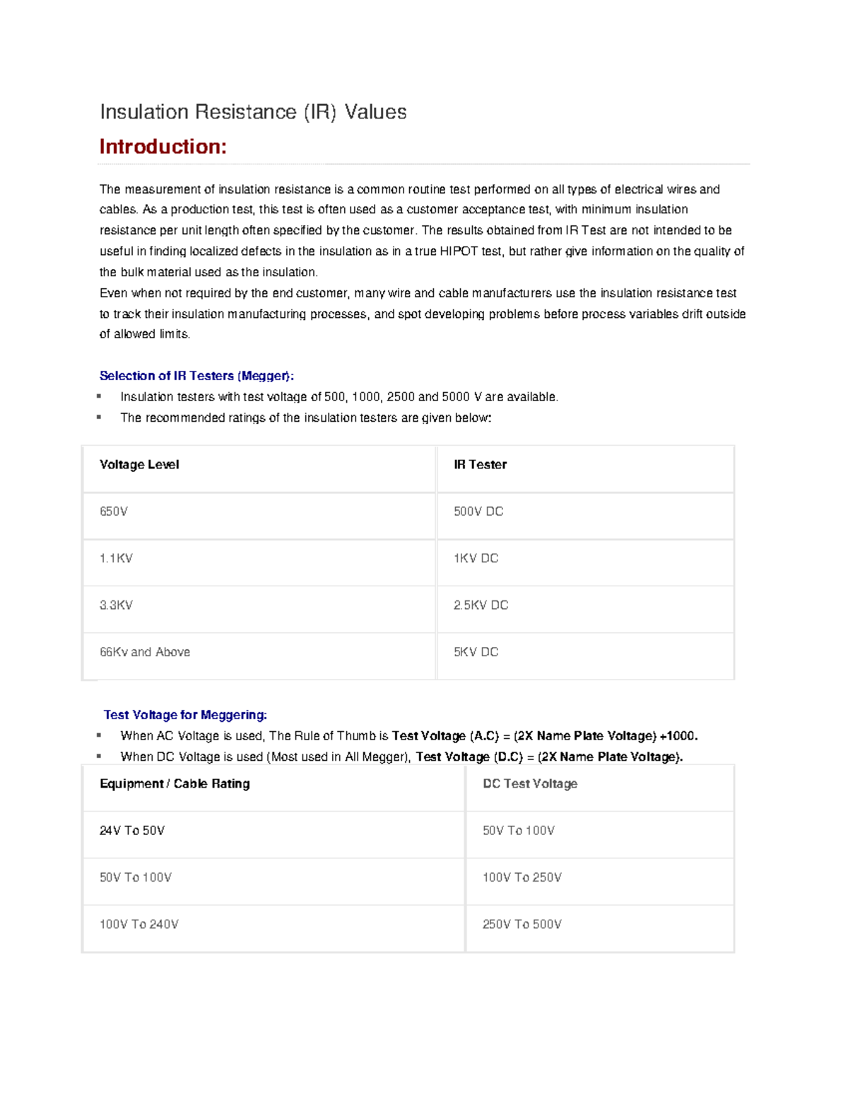 Insulation Resistance Testing Guidelines and Standards Analysis - Studocu