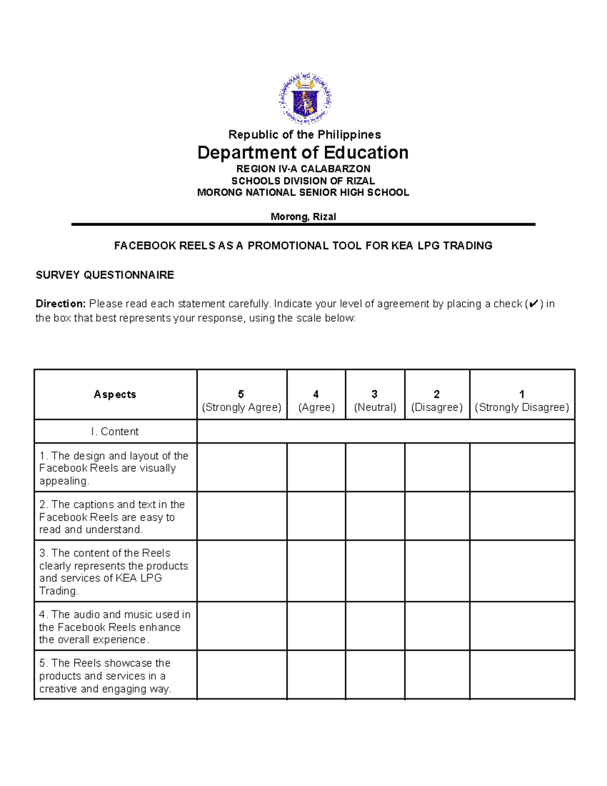 PHILIPPINES DepEd Survey Questionnaire on FB Reels Promotion for KEA ...