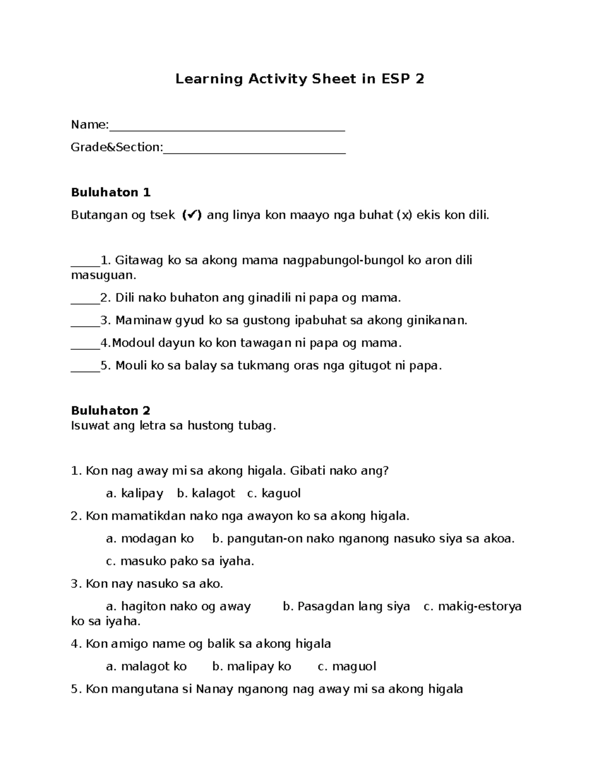 DLL Matatag K to 10 English Grade 2 Weekly Lesson Log (Q1 W1) - Studocu