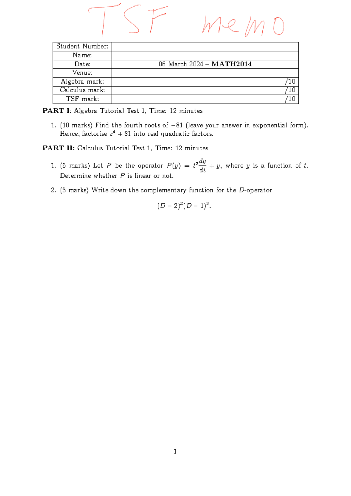 MATH2014 Tutorial Test 1 Memo: Algebra & Calculus Solutions - Studocu