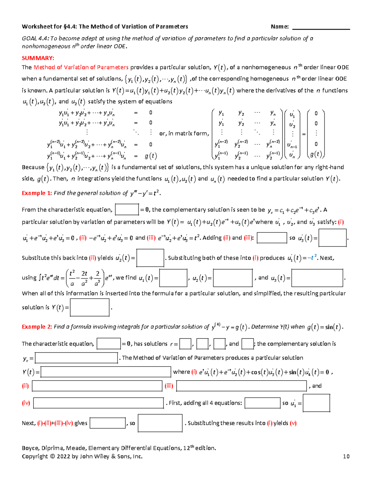 Worksheet for §4.4: Method of Variation of Parameters in ODEs ...