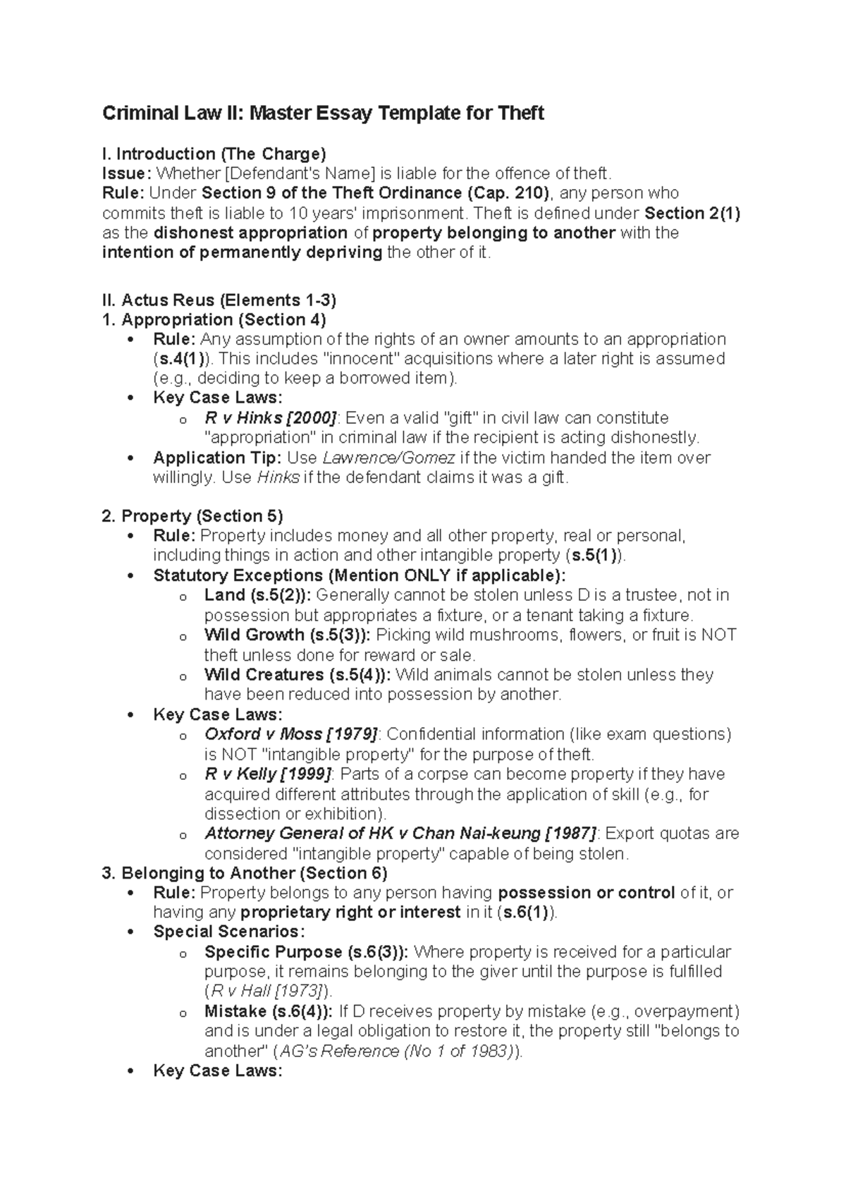 Criminal Law II: Theft Master Essay Template and Guidelines - Studocu