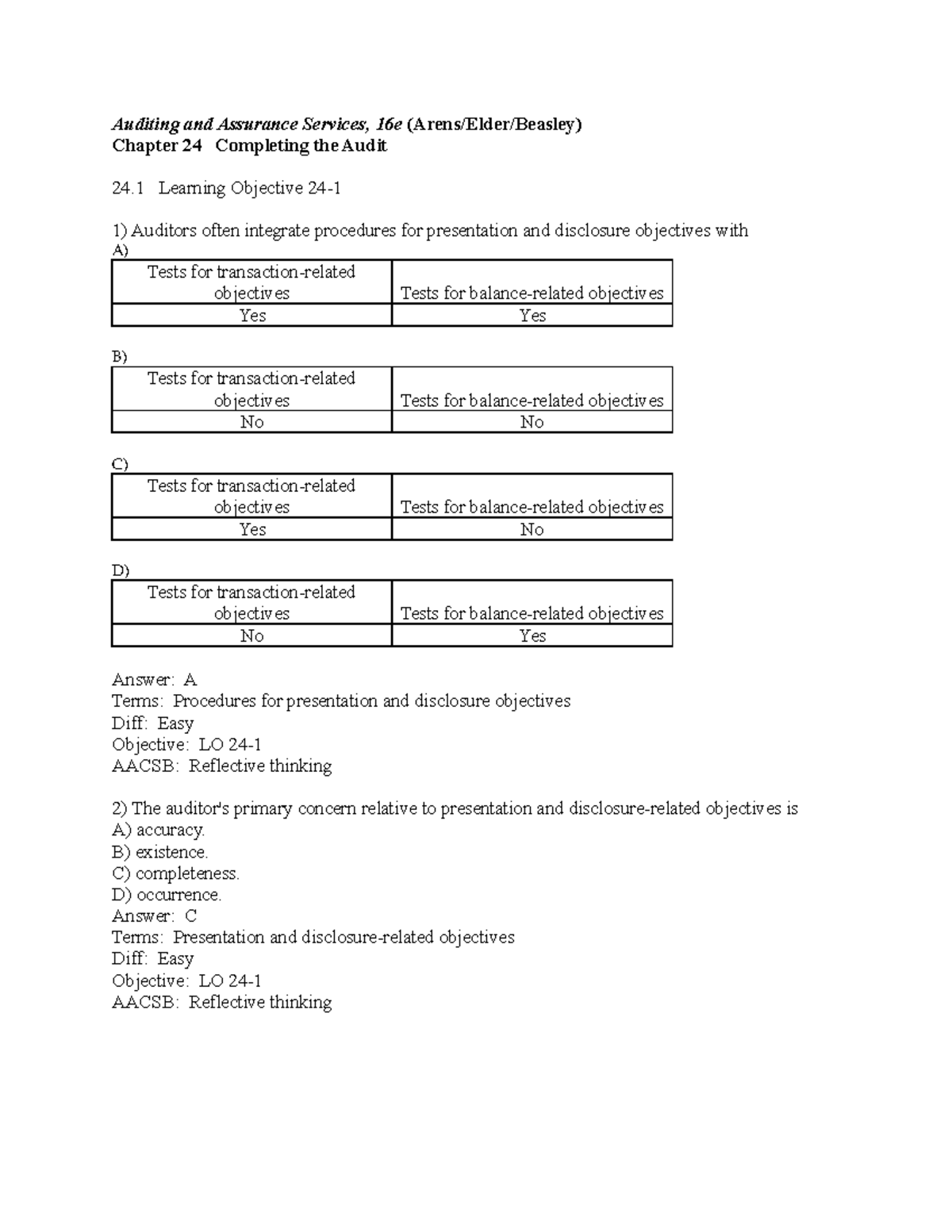 Chapter 24 - Auditing Presentation and Disclosure Objectives Q&A - Document Preview