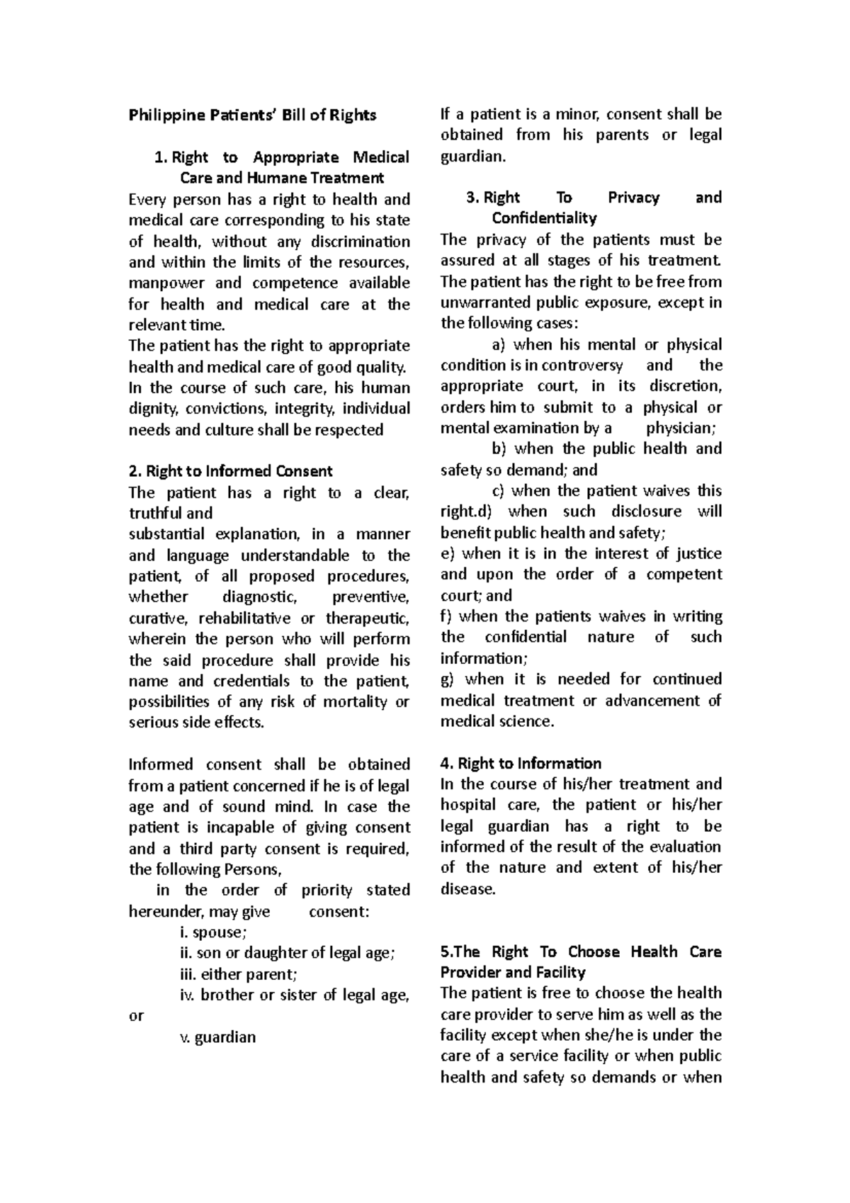 Philippine Patients' Bill of Rights: Comprehensive Overview - Studocu