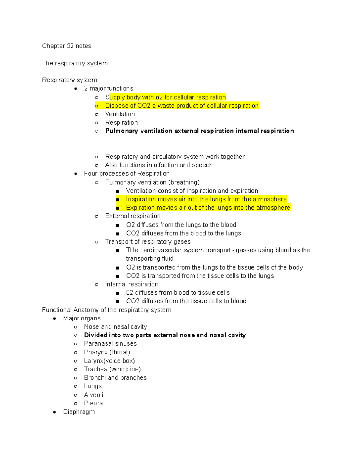 Respiratory System Overview: Chapter 22 Notes and Key Concepts ...