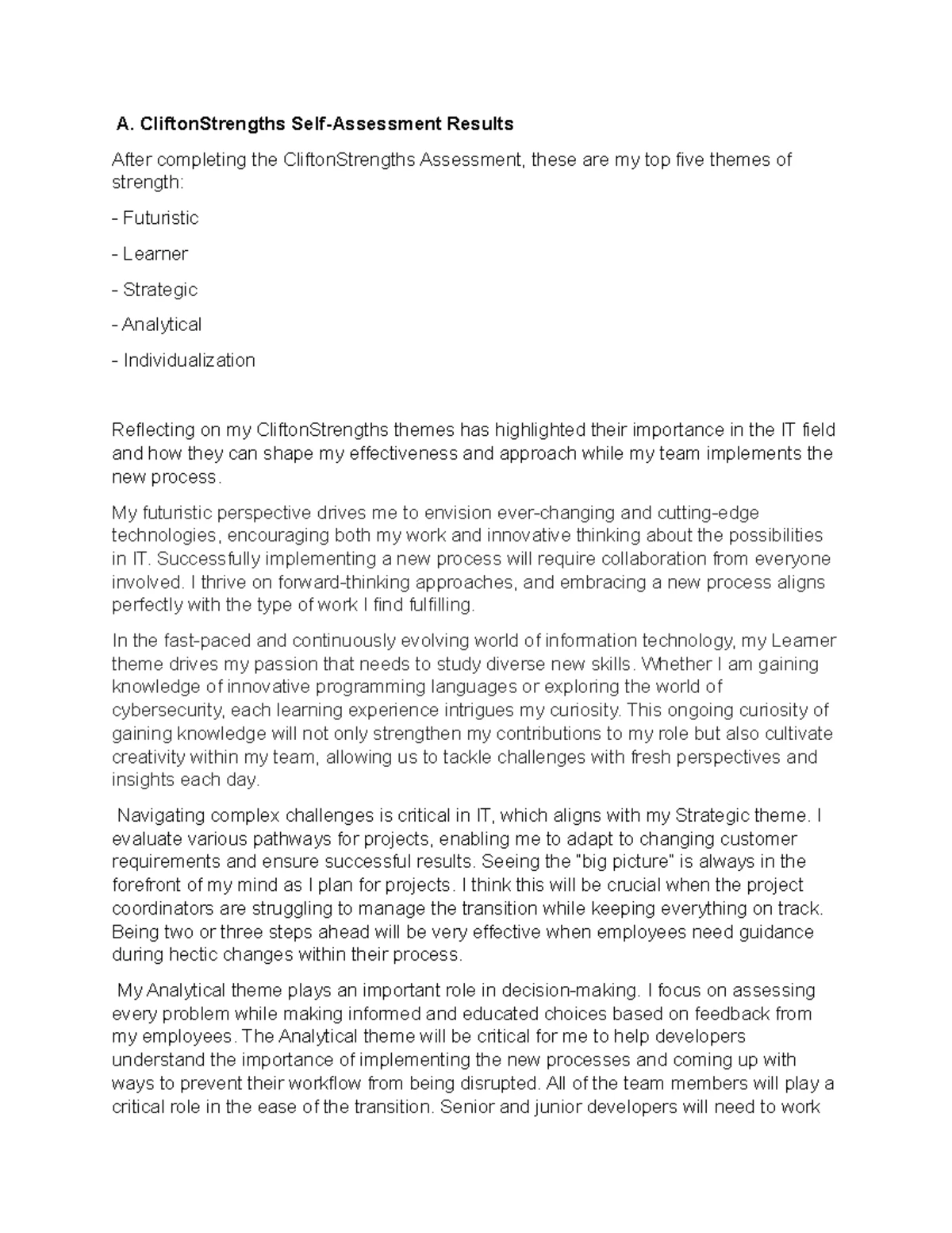 D370 Task 1: CliftonStrengths Self-Assessment and Analysis Essay - Studocu