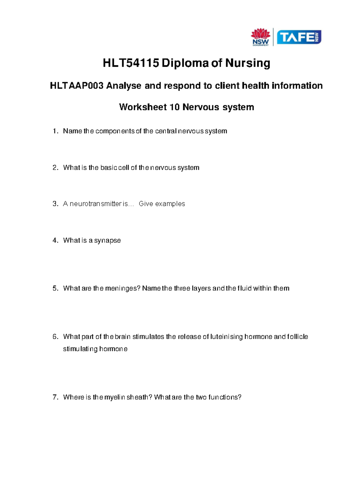 Worksheet HLTAAP003 - Nervous System Components and Functions - Studocu