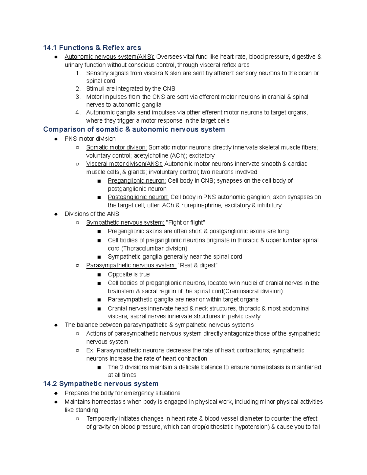 14.1 Functions & Reflex Arcs in ANS - Lecture Notes - Studocu