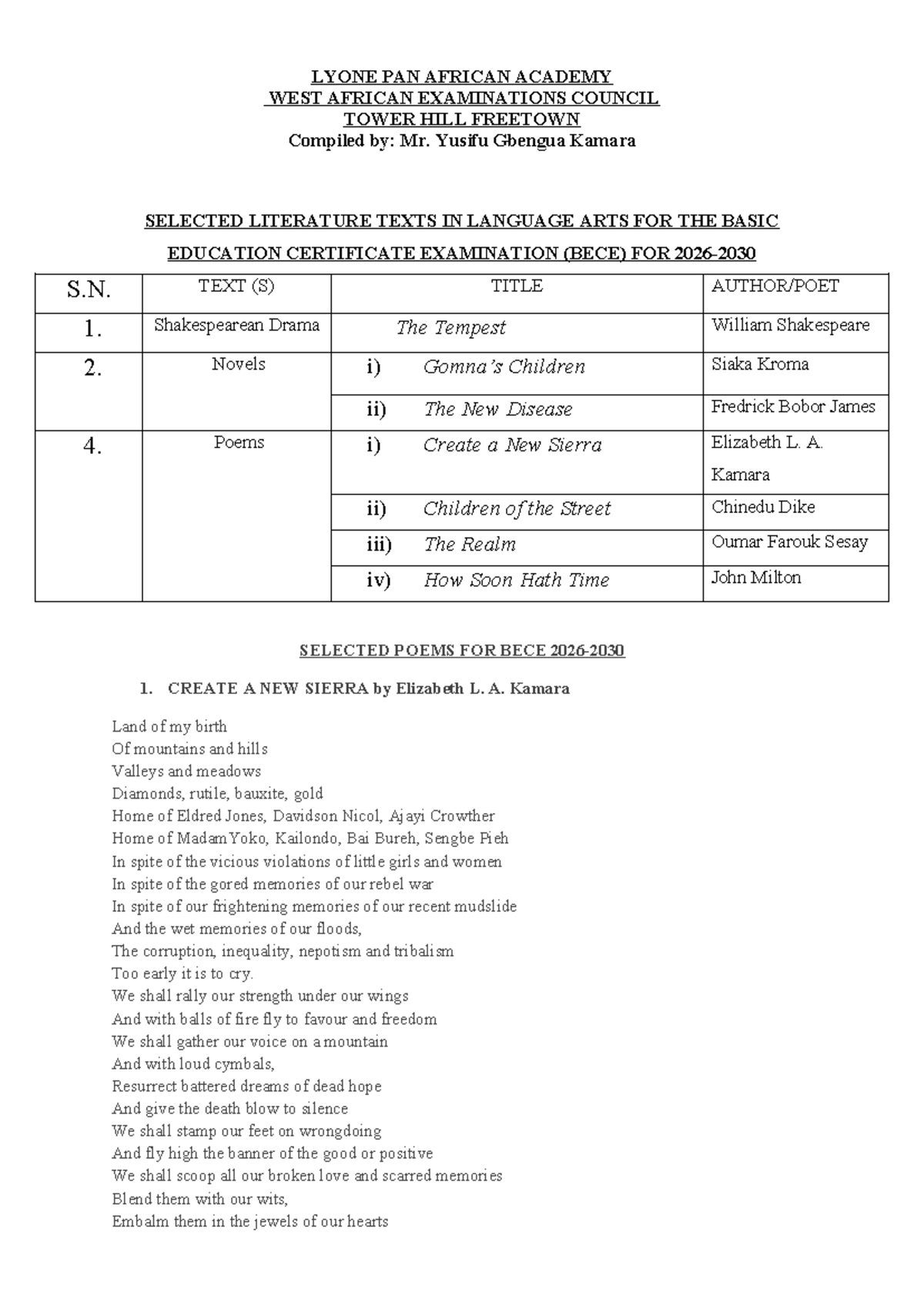 BECE 2026-30 Selected Literature Texts for Language Arts - Studocu