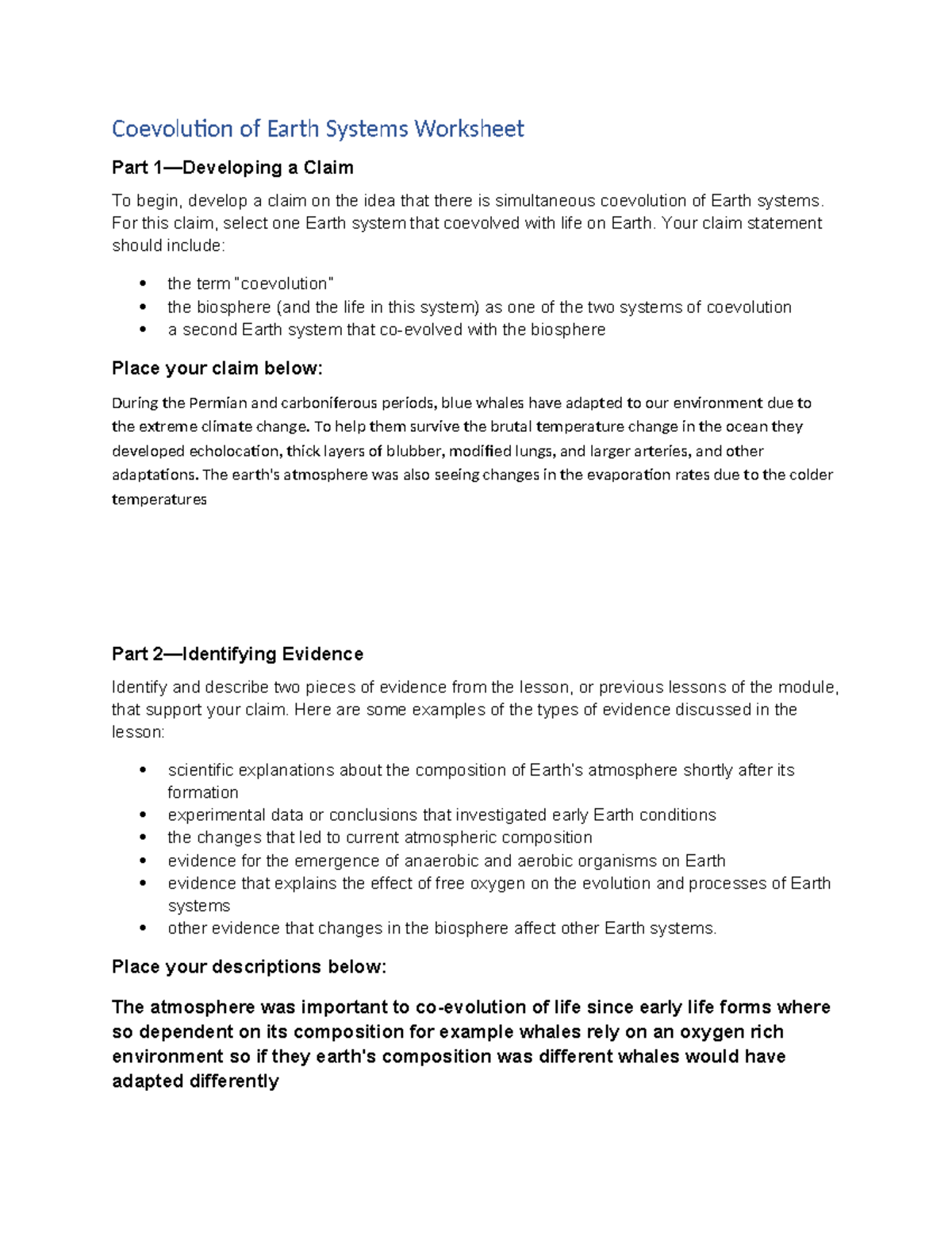 Coevolution earth systems worksheet - Coevolution of Earth Systems ...
