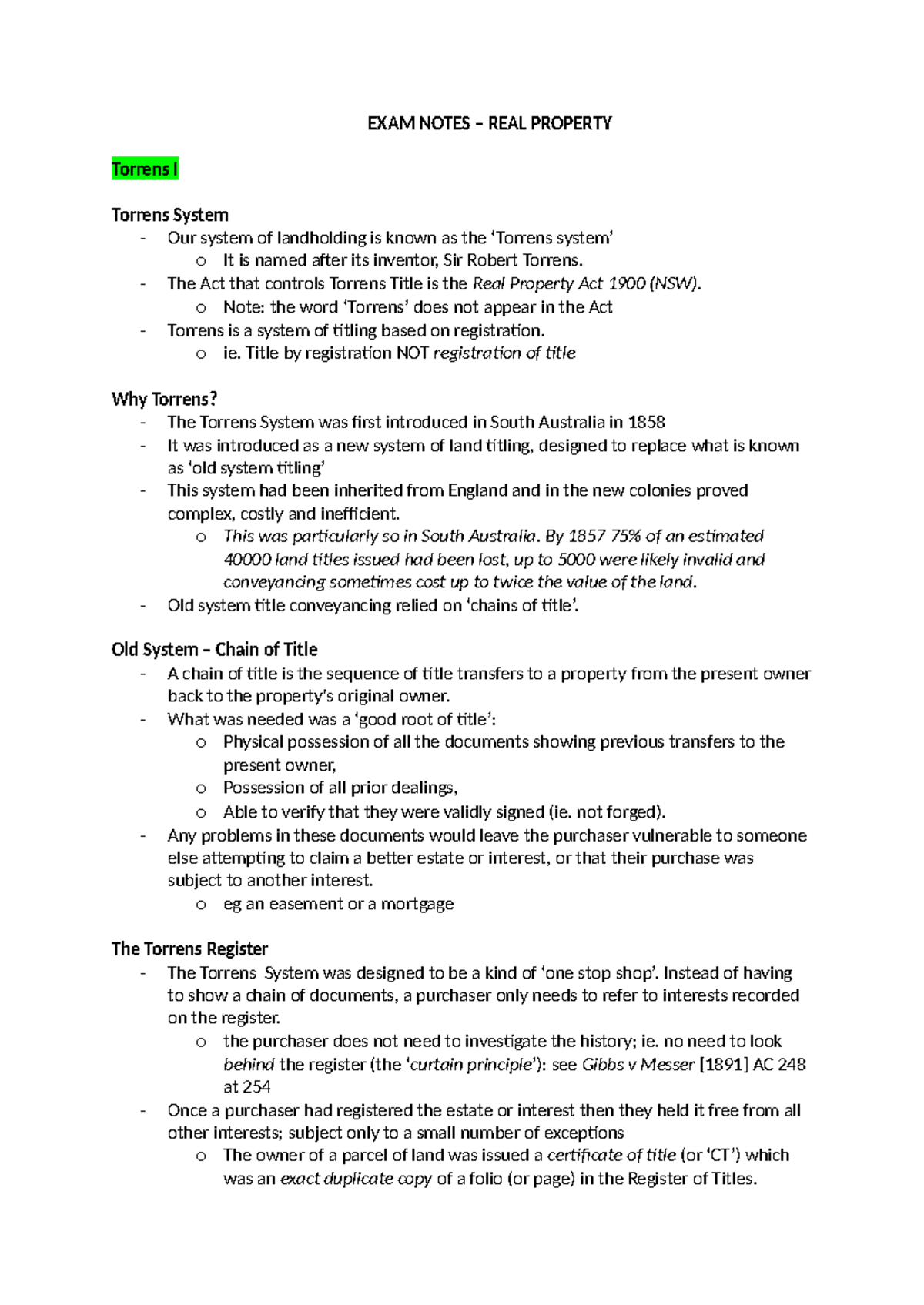 EXAM NOTES: REAL PROPERTY - Torrens System Overview - Studocu