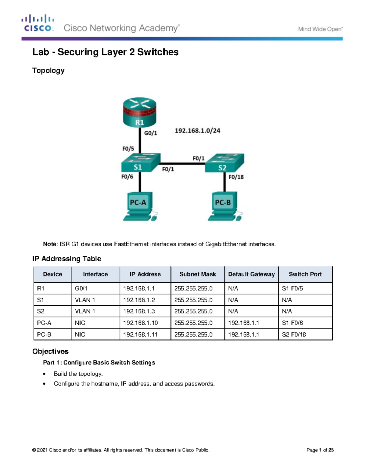 Securing Layer 2 Switches - Lab Guide for CCNA 1 - Studocu